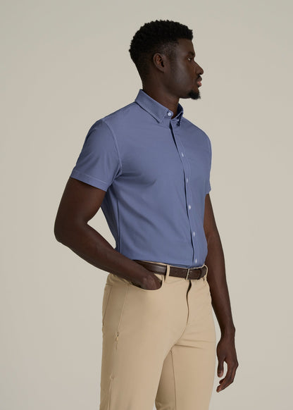 Short Sleeve Traveler Stretch Button Shirt for Tall Men in Royal Blue Geometric