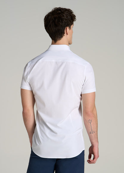 Short Sleeve Traveler Stretch Button Shirt for Tall Men in Bright White
