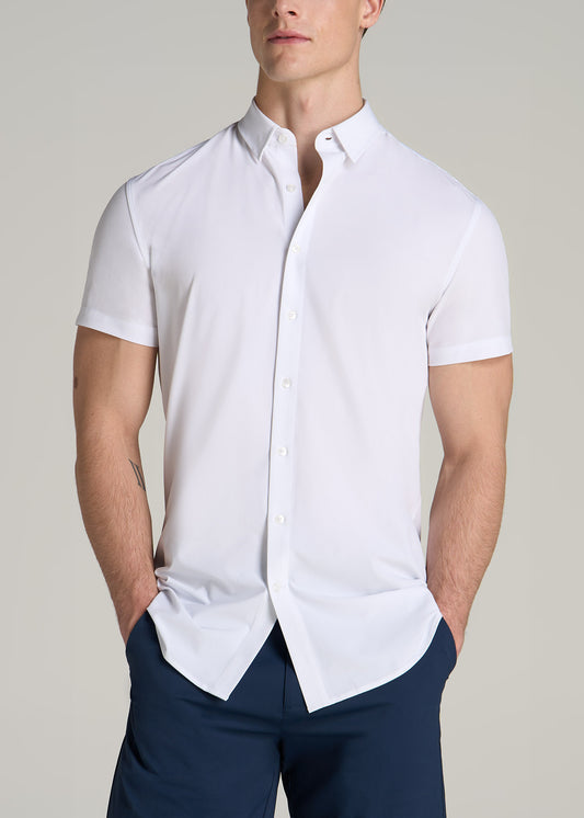 Short Sleeve Traveler Stretch Button Shirt for Tall Men in Bright White