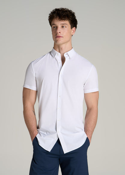 Short Sleeve Traveler Stretch Button Shirt for Tall Men in Bright White