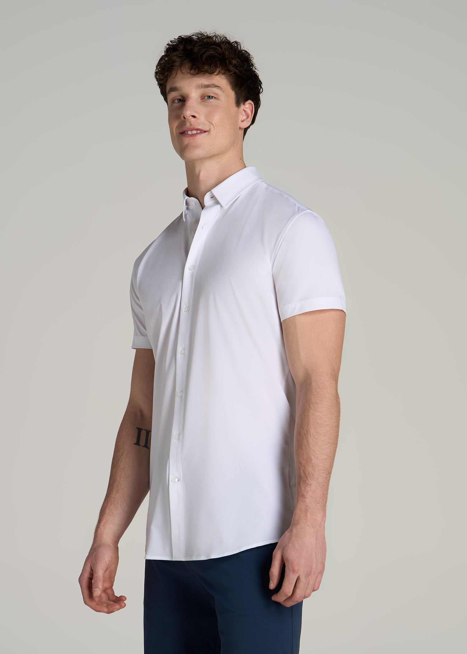 Short Sleeve Traveler Stretch Button Shirt for Tall Men in Bright White