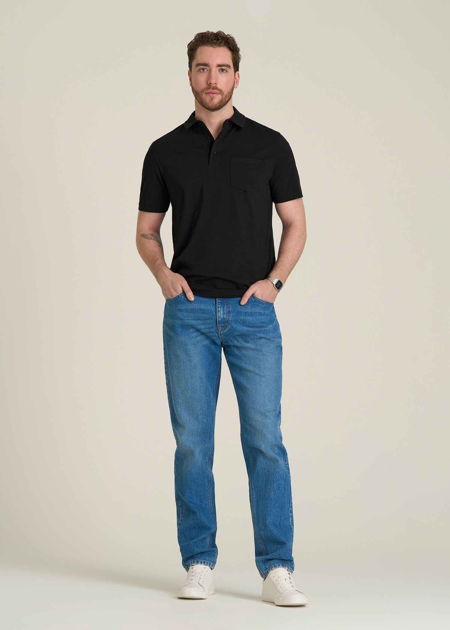 Slub Knit Polo with Pocket for Tall Men in Black