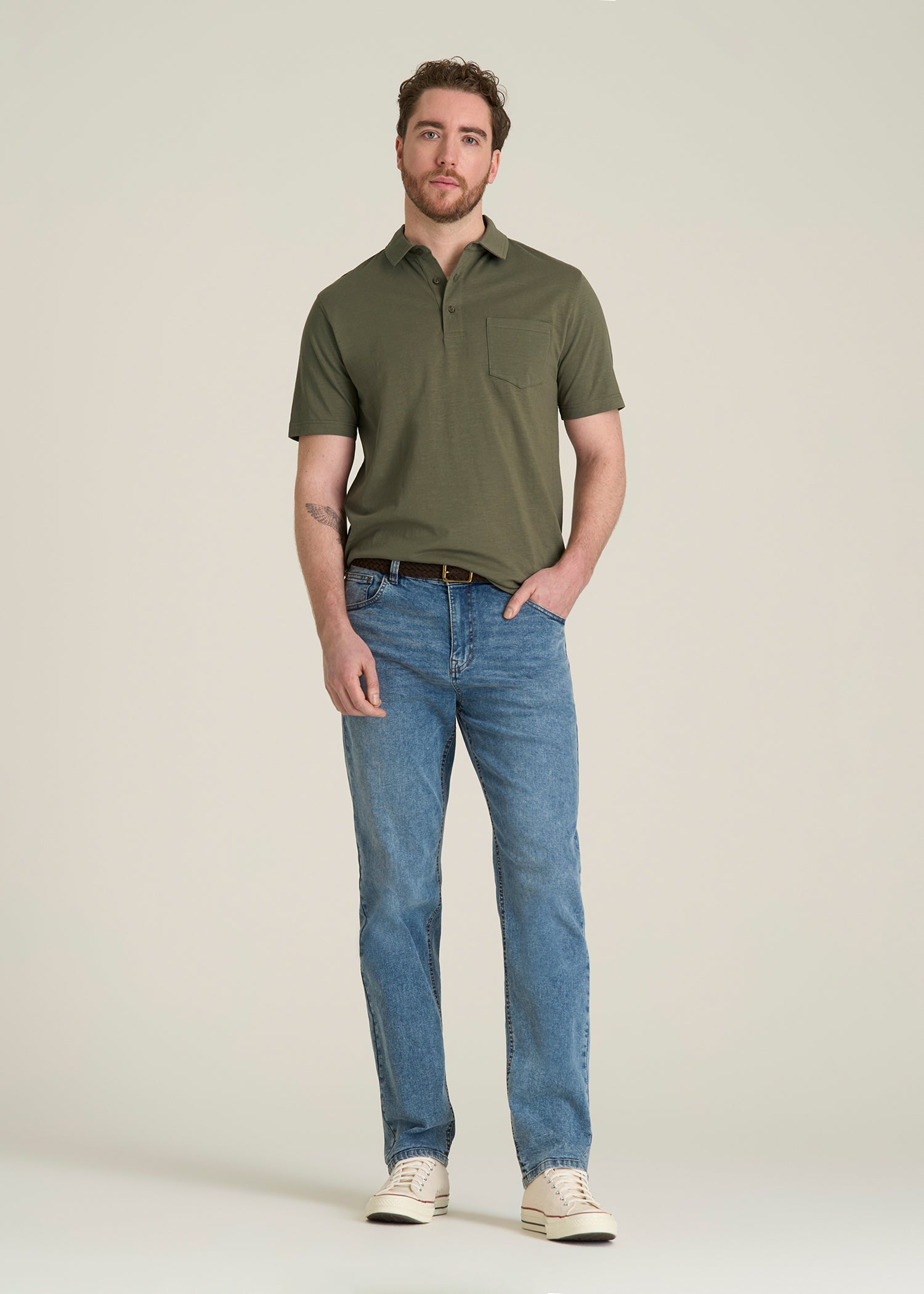 Slub Knit Polo with Pocket for Tall Men in Olive