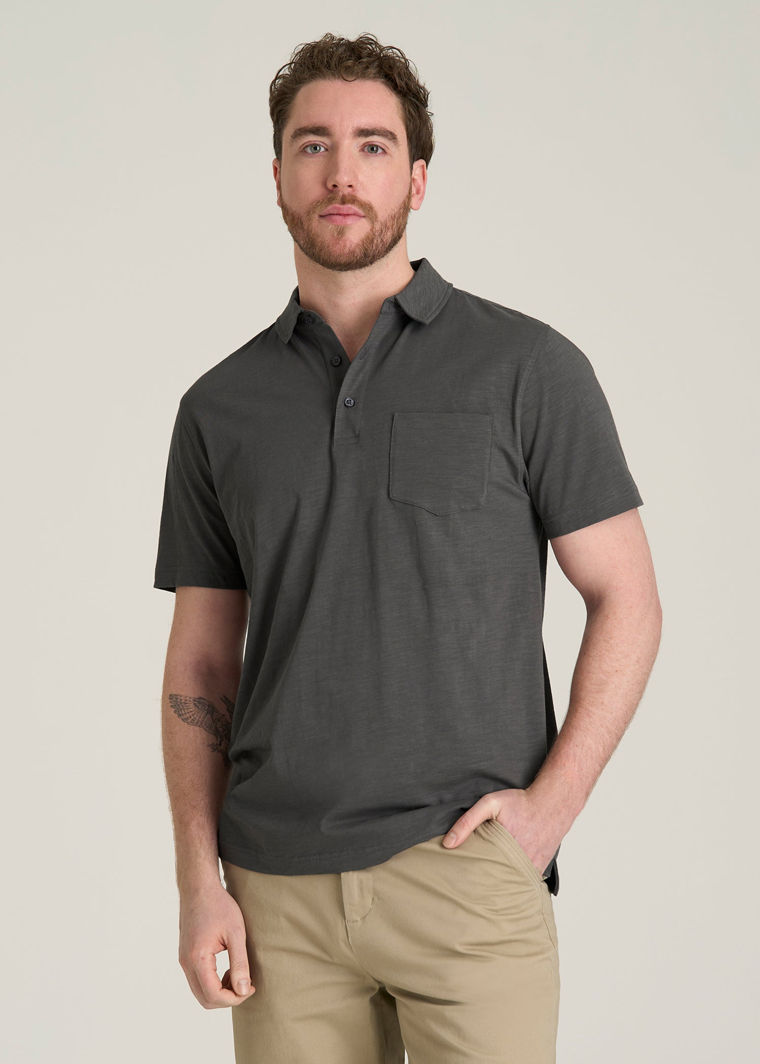 Slub Knit Polo with Pocket for Tall Men in Steel Grey