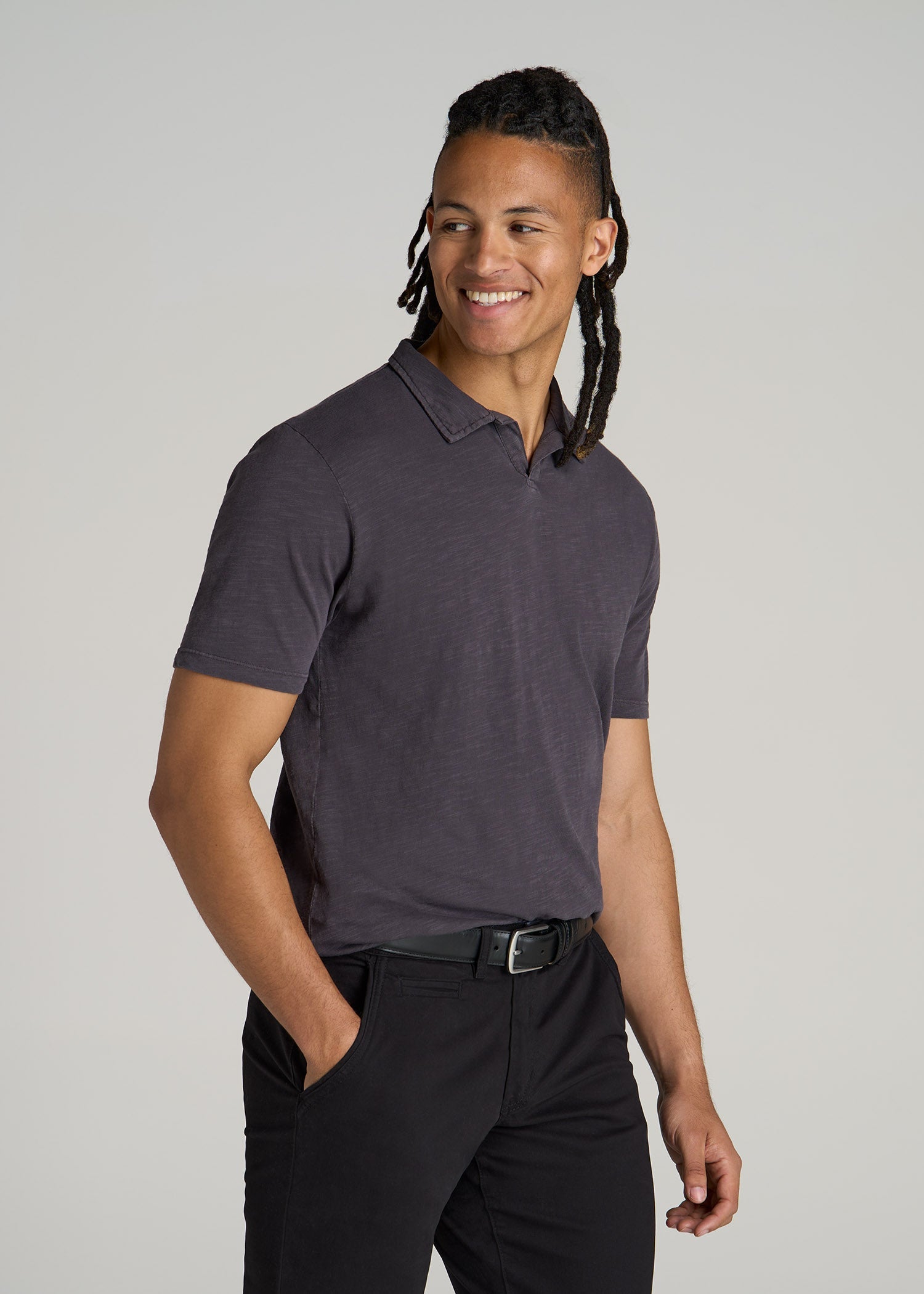 Slub Polo Shirt for Tall Men in Charcoal