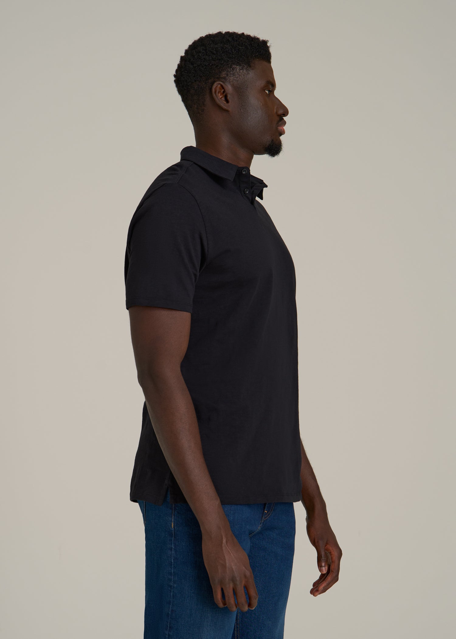 Slub Self Collar Polo Shirt for Tall Men in Black