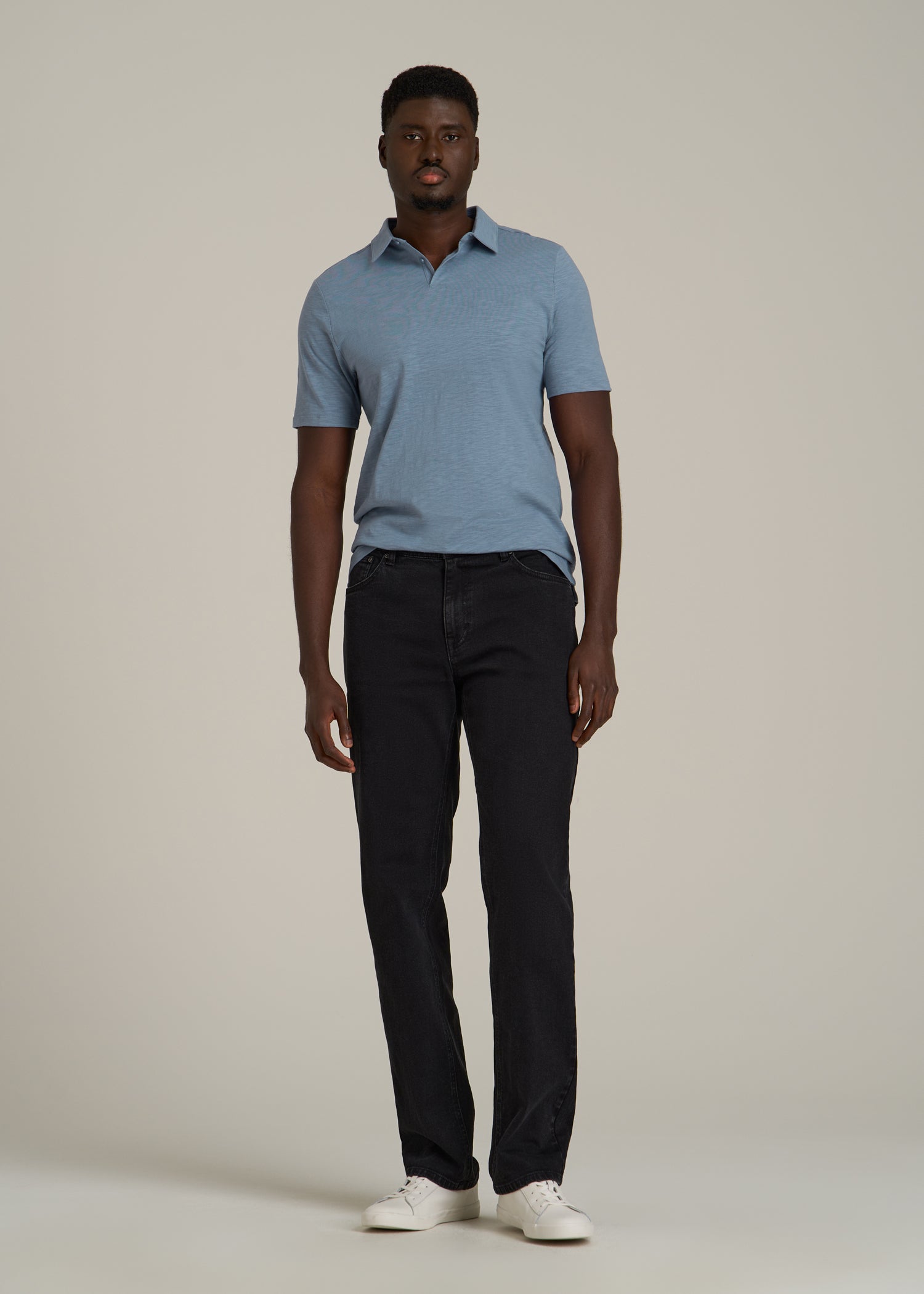Slub Self Collar Polo Shirt for Tall Men in Chambray