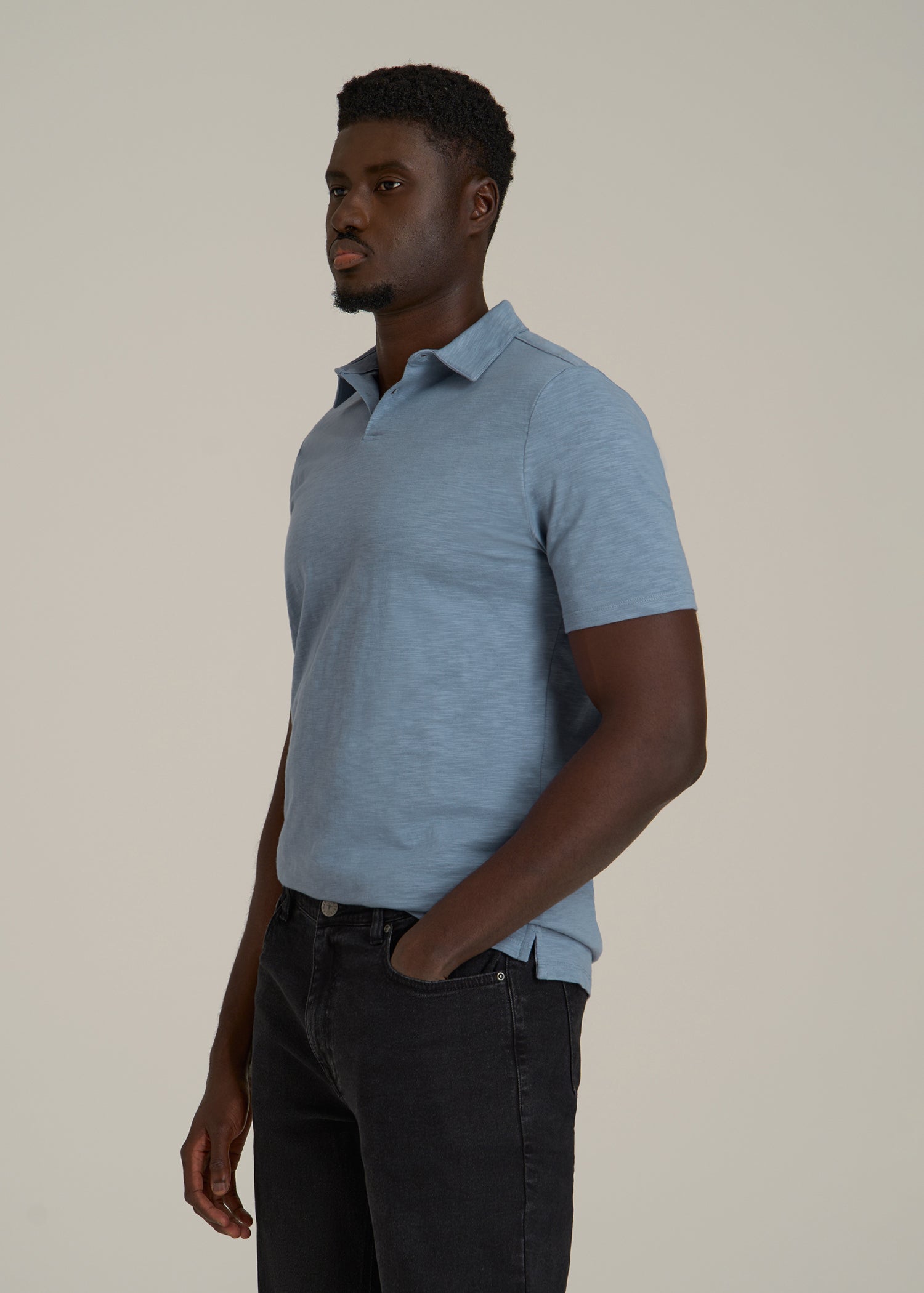 Slub Self Collar Polo Shirt for Tall Men in Chambray