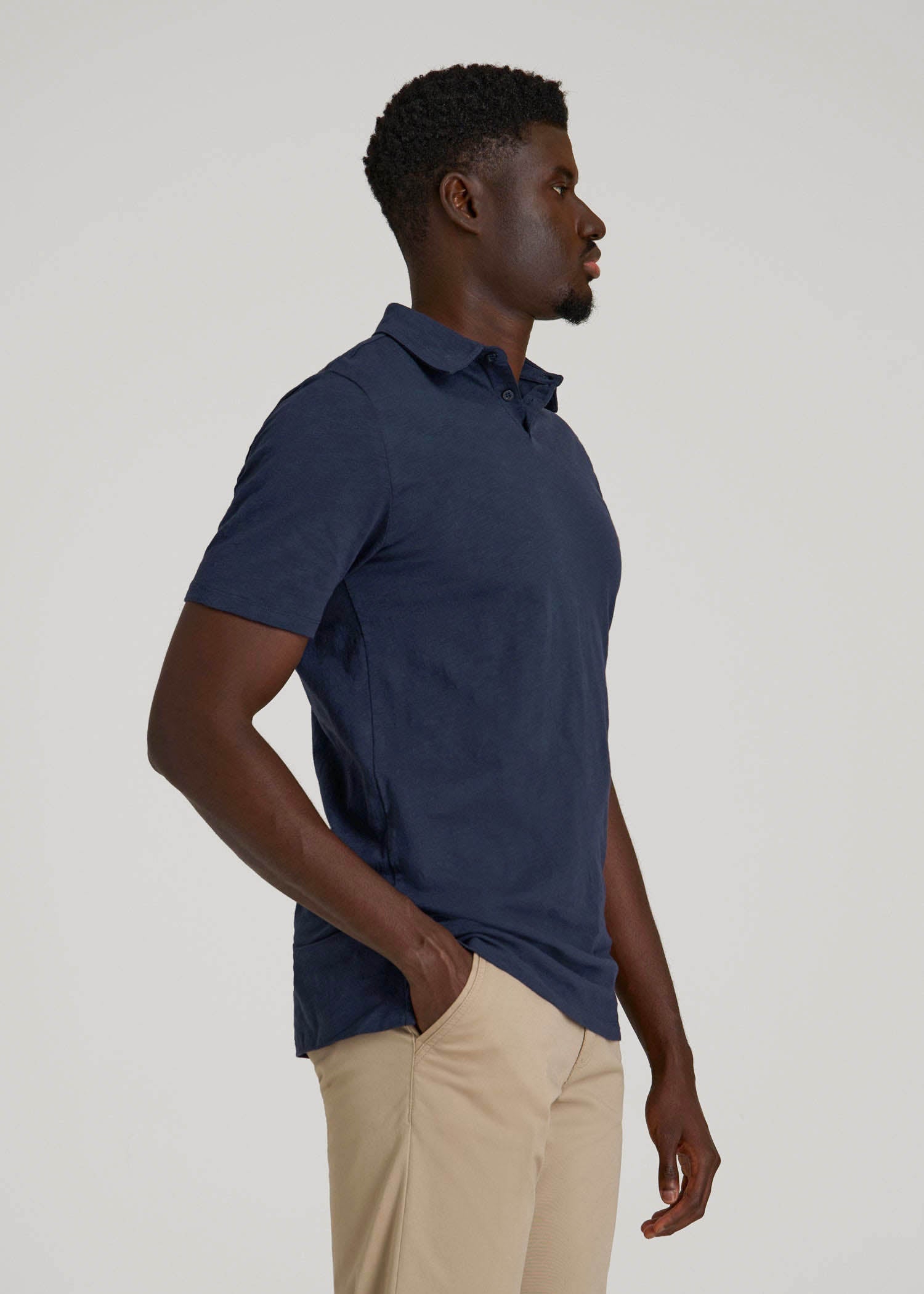 Slub Self Collar Polo Shirt for Tall Men in Navy