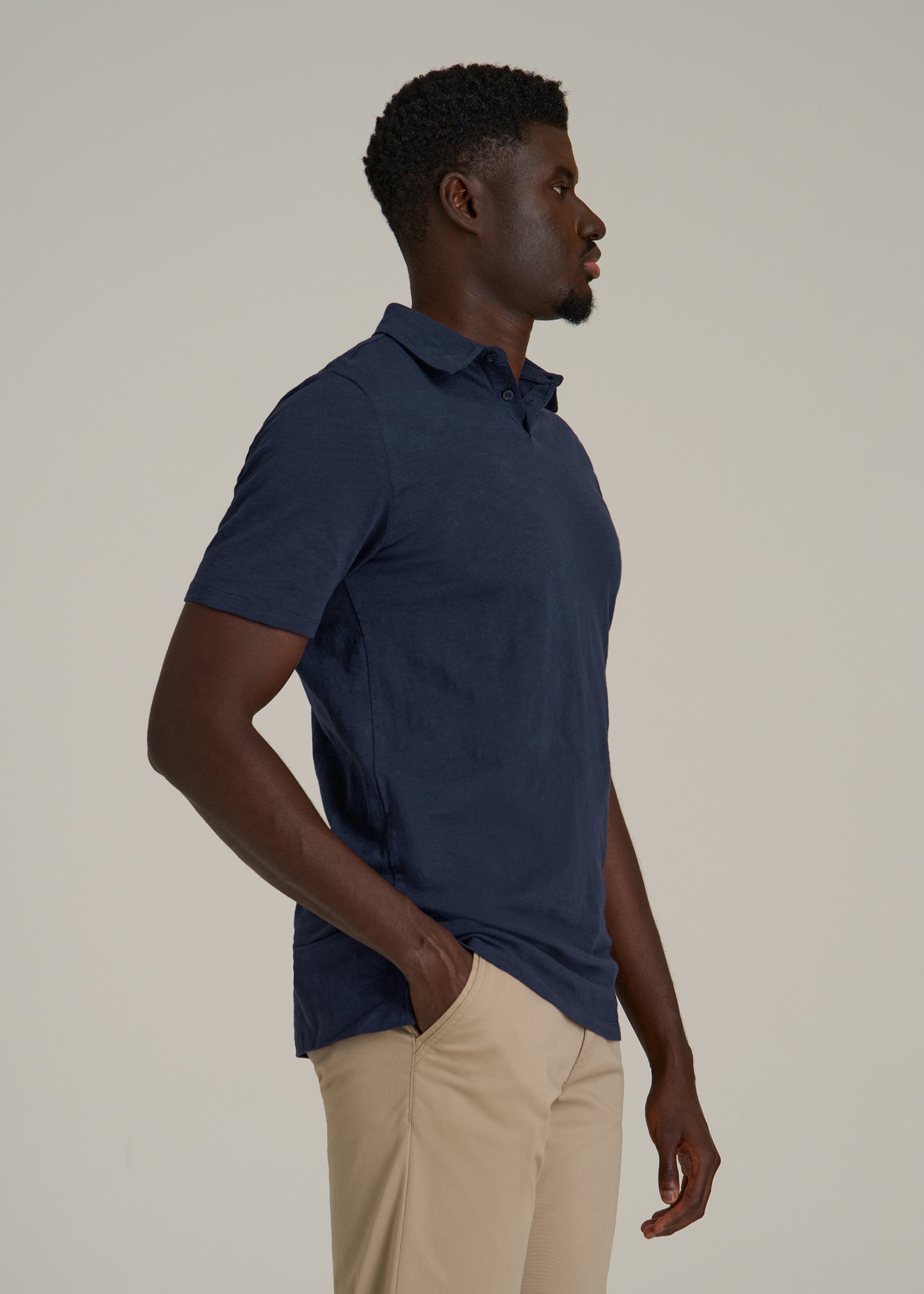 Slub Self Collar Polo Shirt for Tall Men in Navy