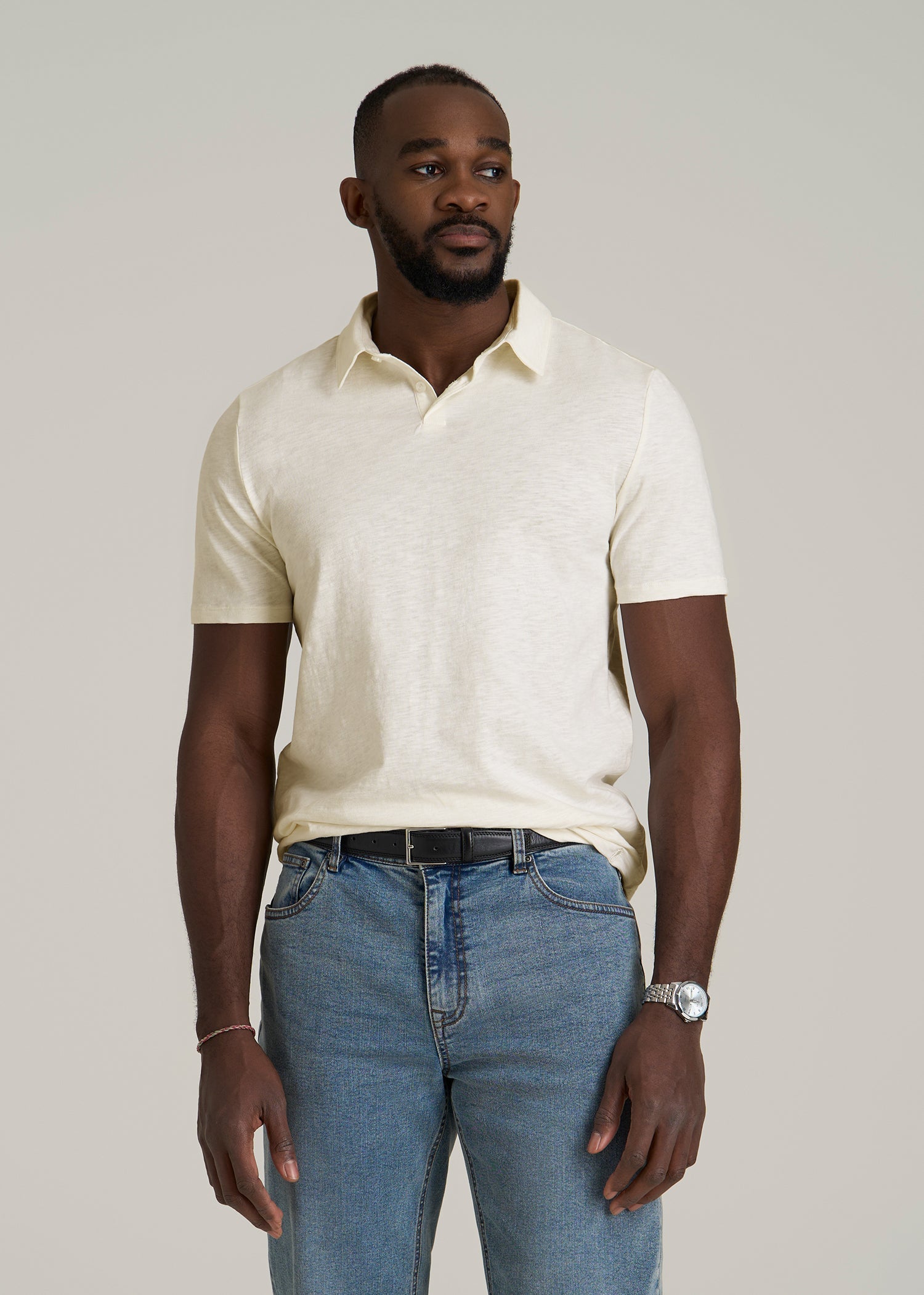 Slub Self Collar Polo Shirt for Tall Men in White Alyssum