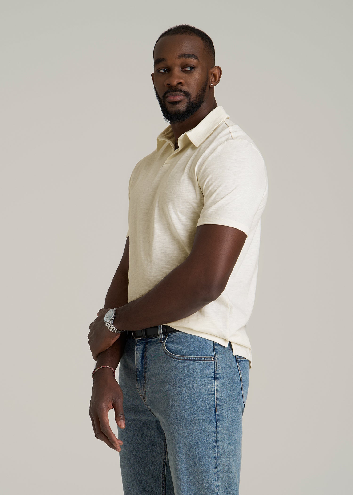 Slub Self Collar Polo Shirt for Tall Men in White Alyssum