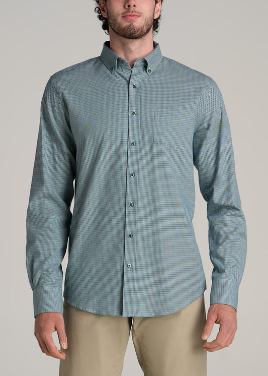 Soft-Wash Button-Up Shirt for Tall Men in Green and Navy Houndstooth