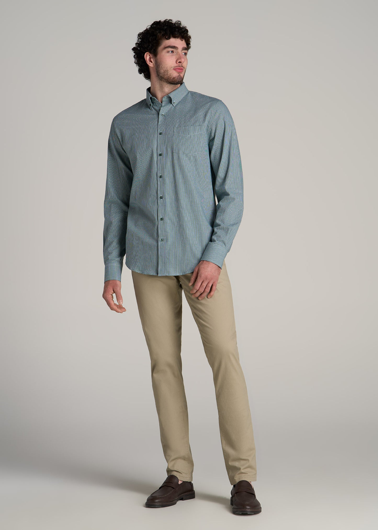 Soft-Wash Button-Up Shirt for Tall Men in Green and Navy Houndstooth