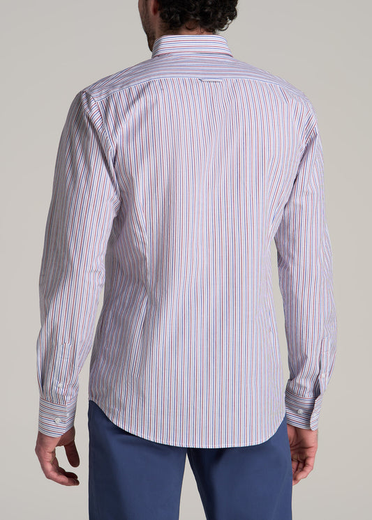 Soft-Wash Button-Up Shirt for Tall Men in Red and Blue Multi Stripe