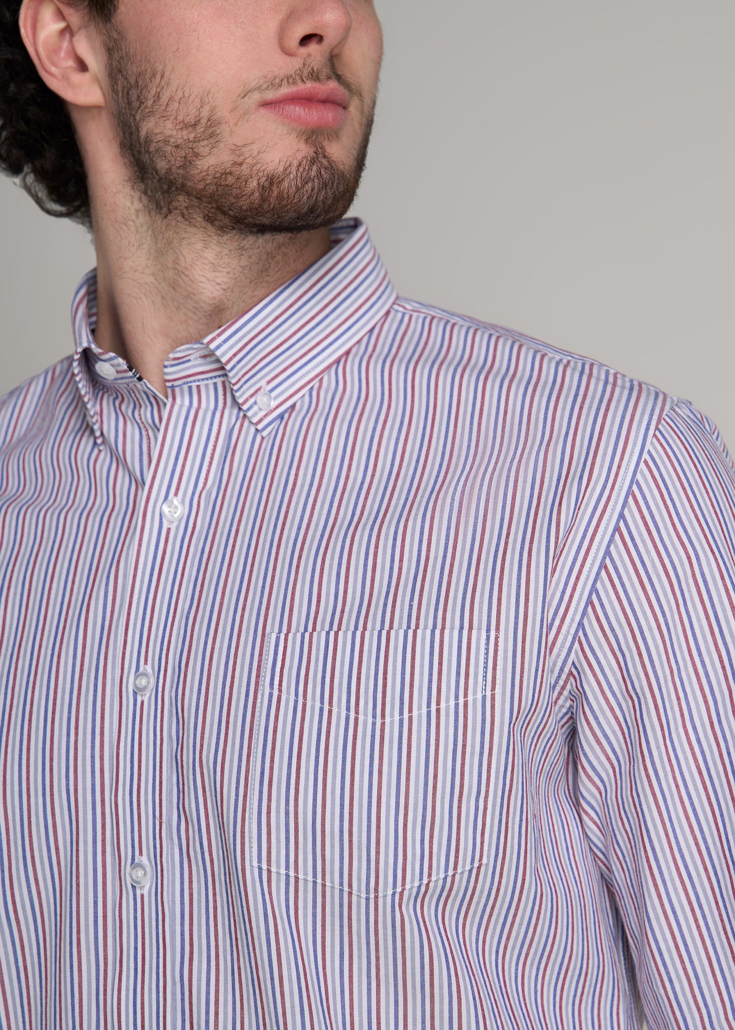 Soft-Wash Button-Up Shirt for Tall Men in Red and Blue Multi Stripe