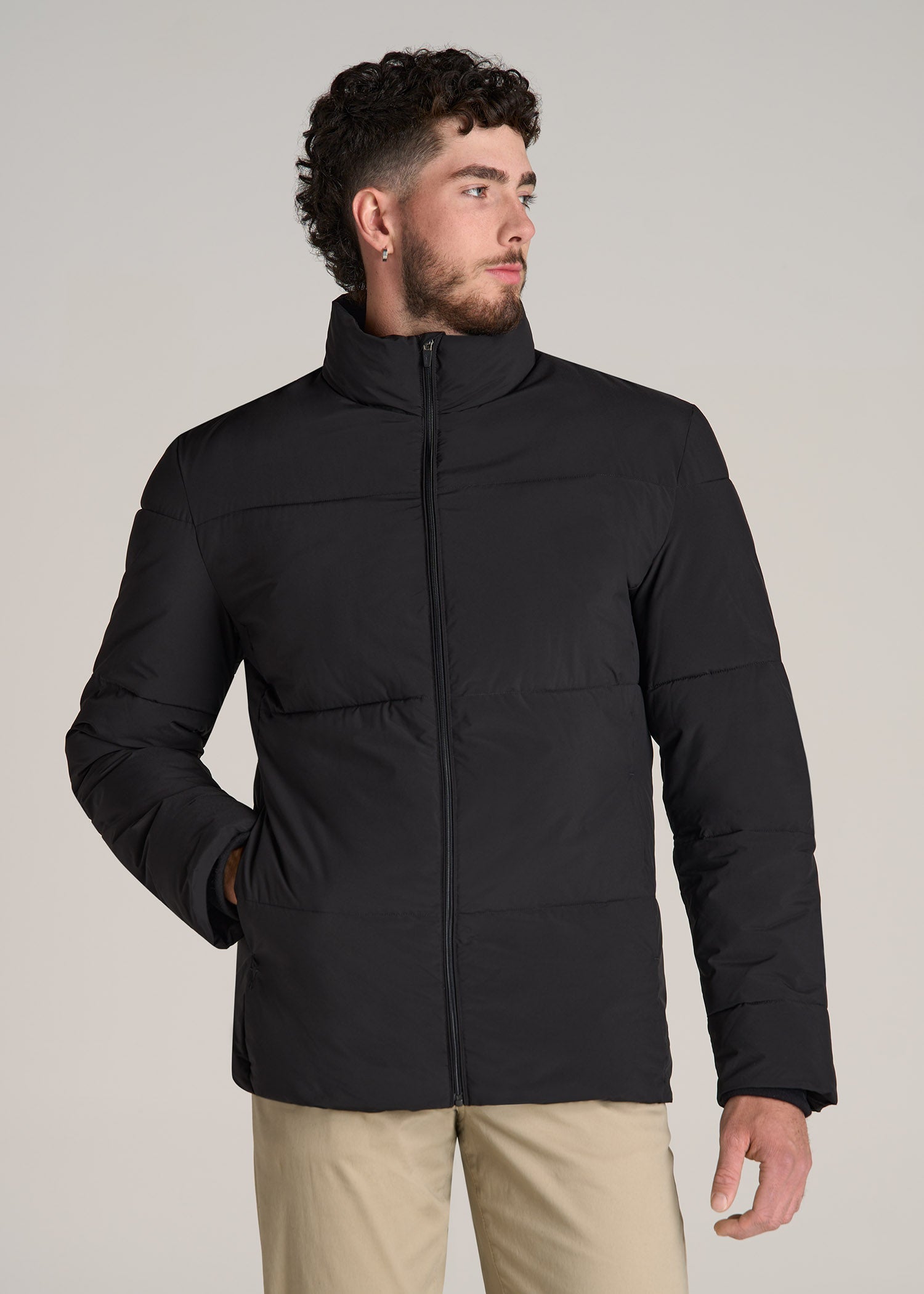 Stand Collar Puffer Coat Jacket for Tall Men in Black