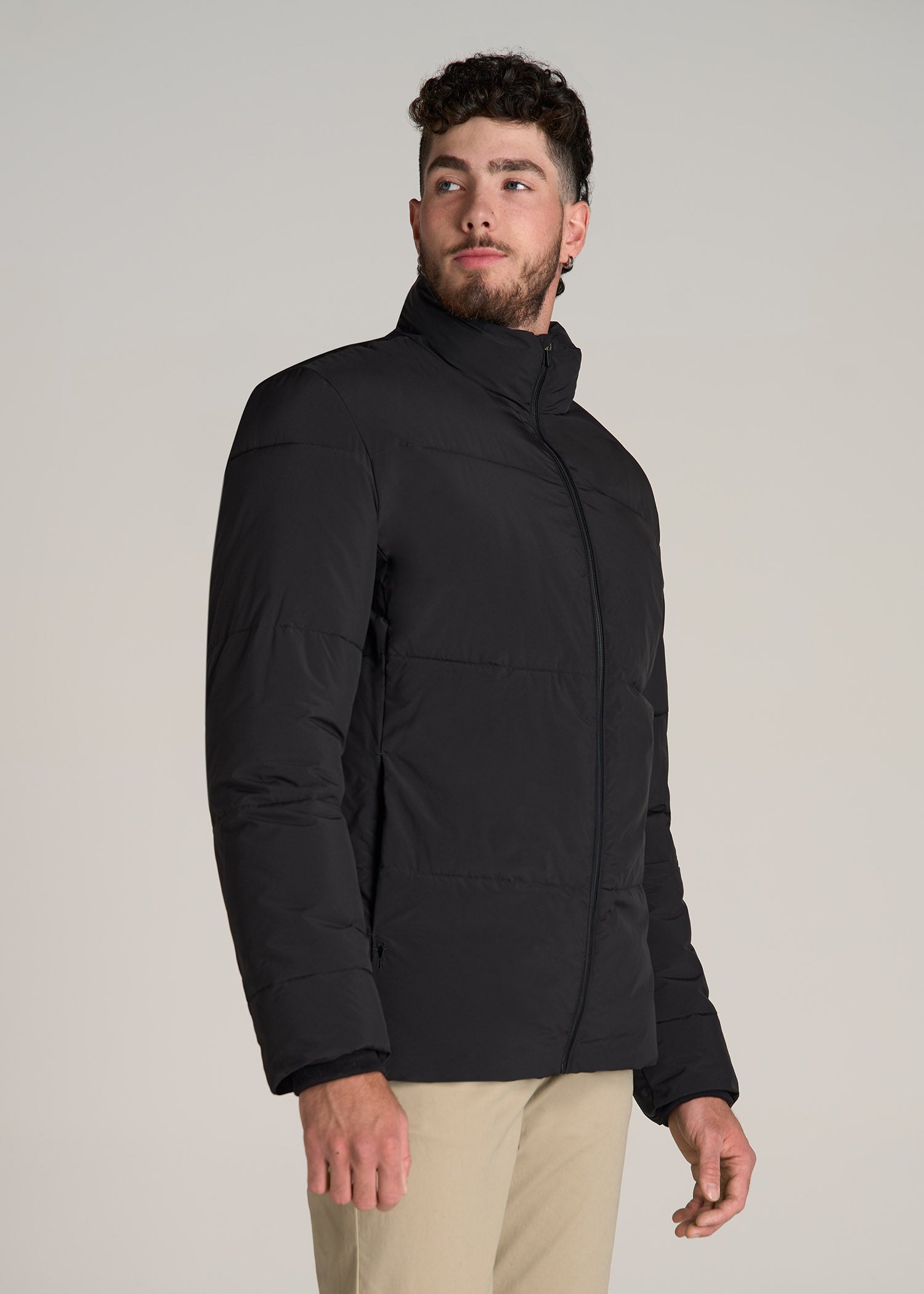 Stand Collar Puffer Coat Jacket for Tall Men in Black