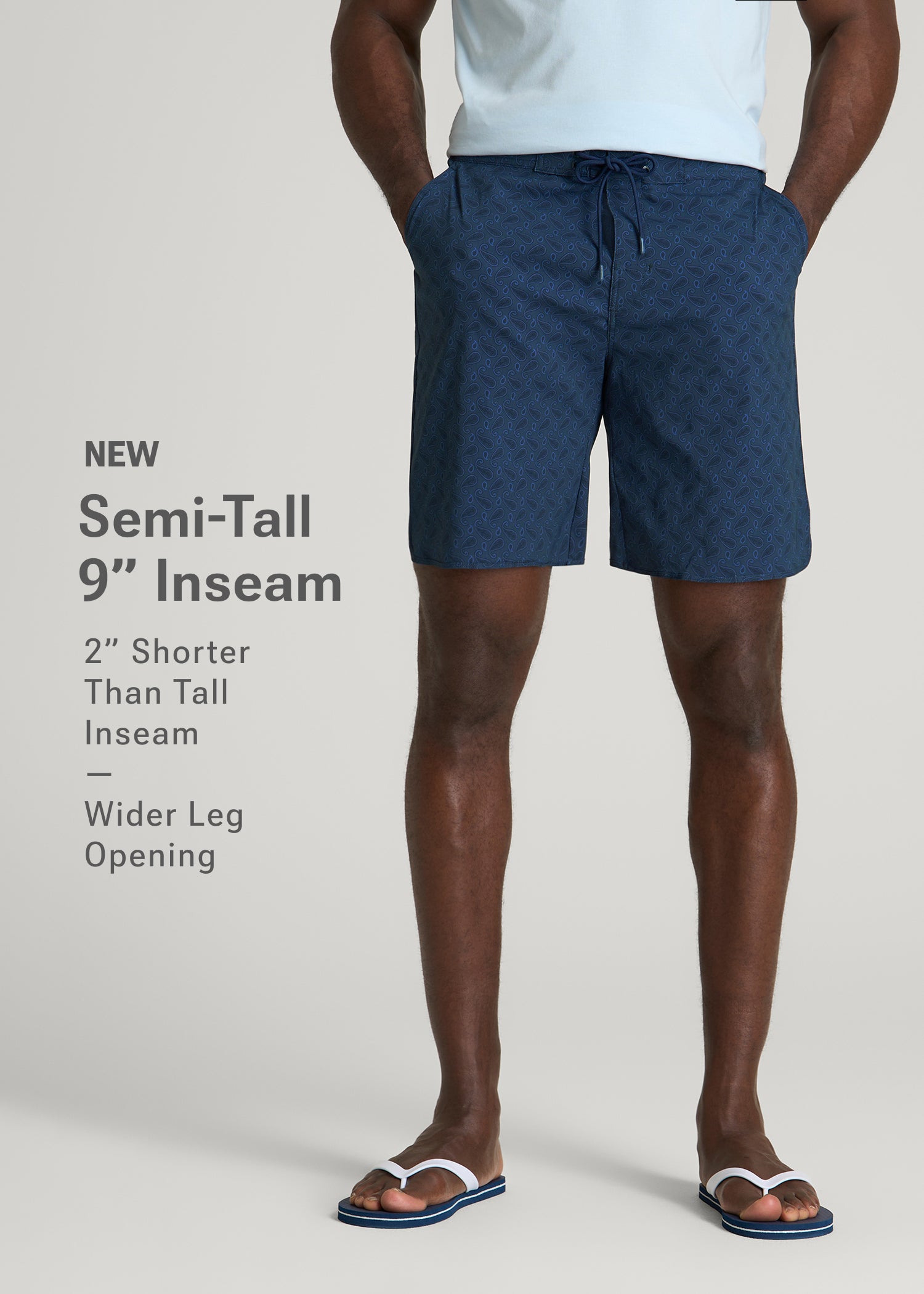 Stretch Board Shorts for Tall Men in Navy Blue Paisley
