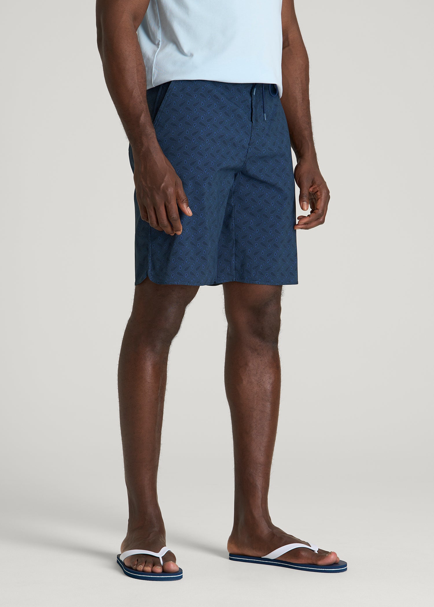 Stretch Board Shorts for Tall Men in Navy Blue Paisley