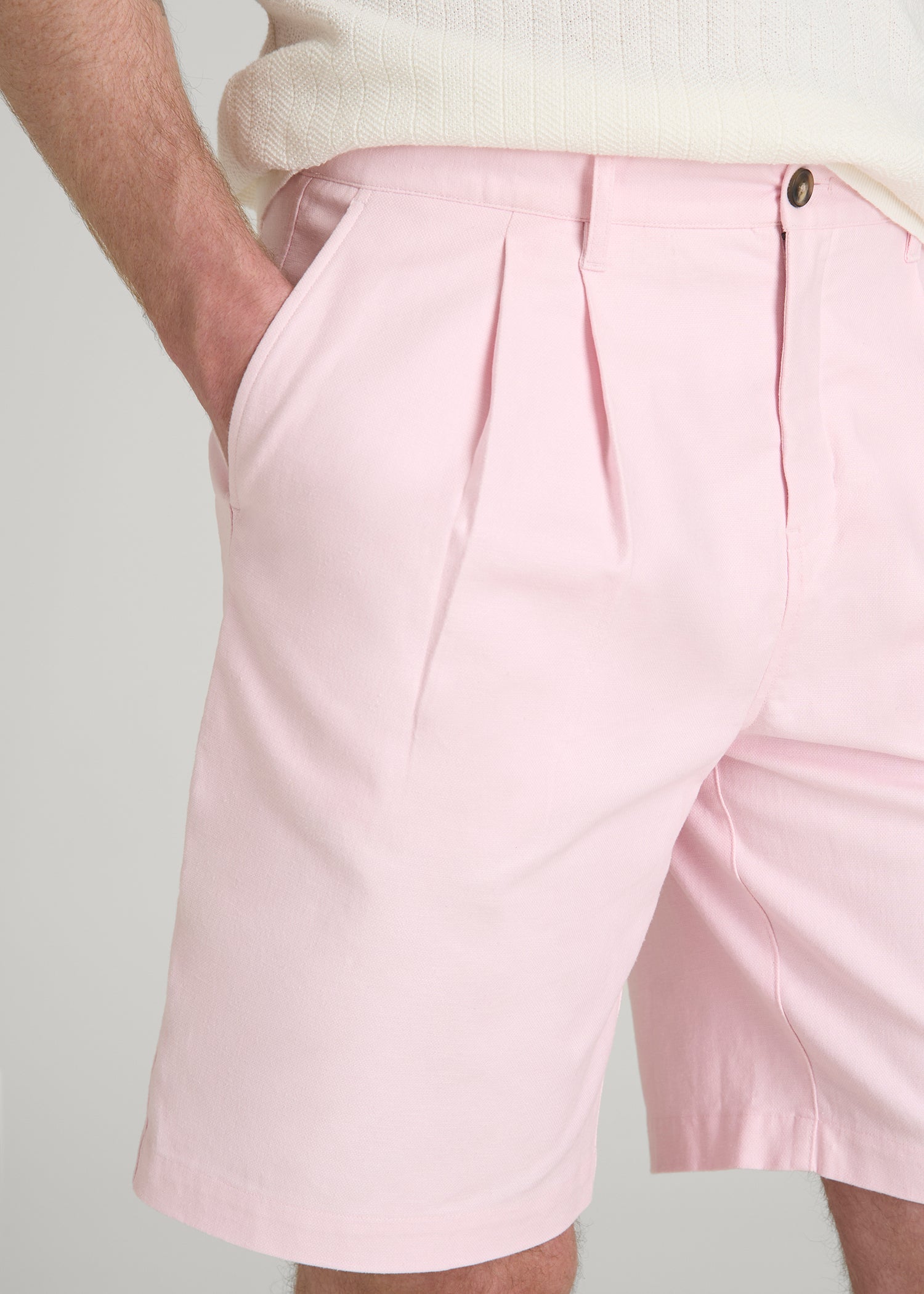 Stretch Cotton Linen Blend Shorts for Tall Men in Barely Pink