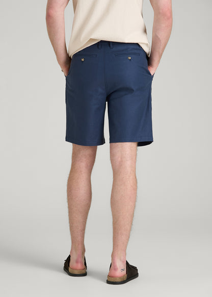Stretch Cotton Linen Blend Shorts for Tall Men in Navy Blue