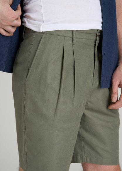 Stretch Cotton Linen Blend Shorts for Tall Men in Olive