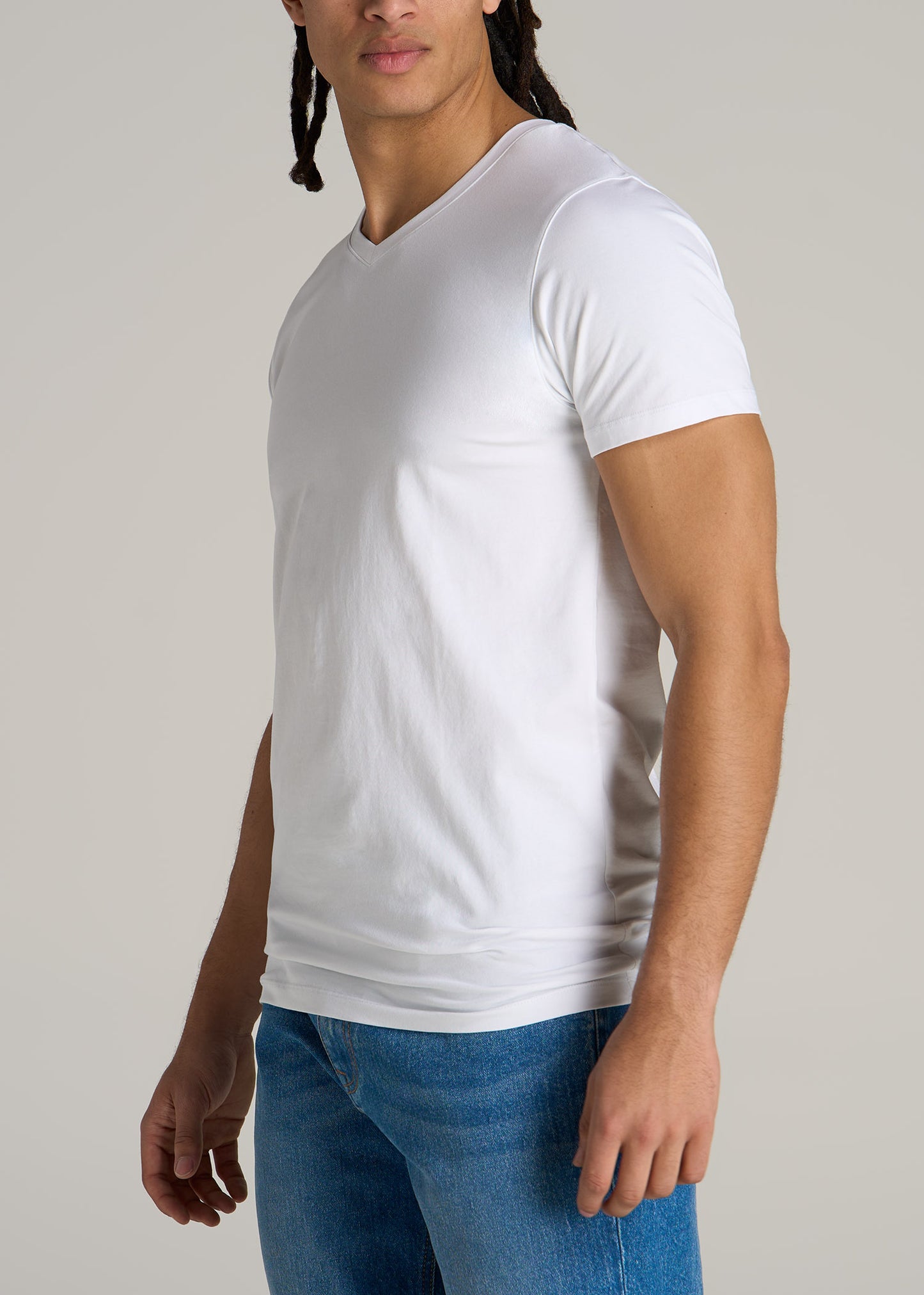 Stretch Cotton MODERN-FIT V-Neck T-Shirt for Tall Men in White