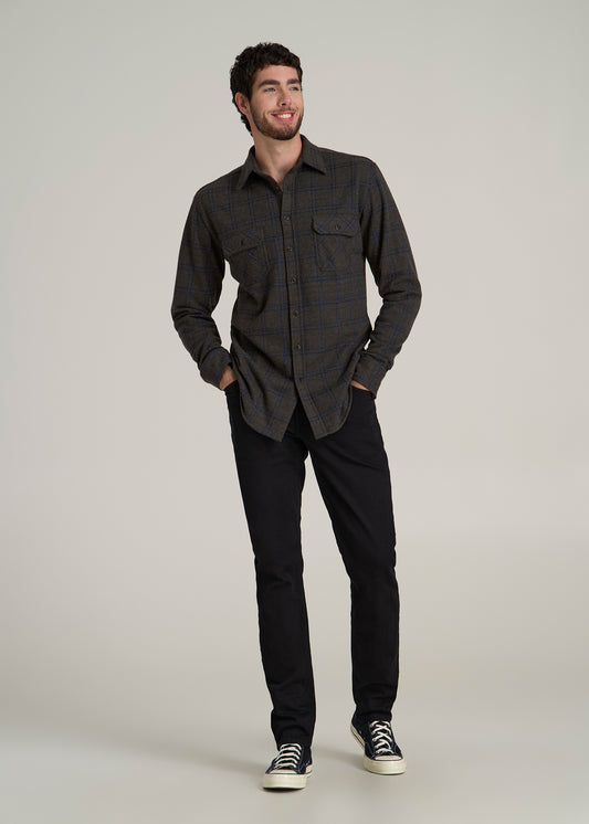 Stretch Flannel Button Tall Men's Shirt in Brown and Cobalt Grid