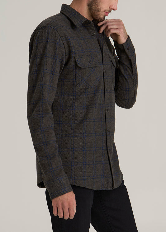 Stretch Flannel Button Tall Men's Shirt in Brown and Cobalt Grid