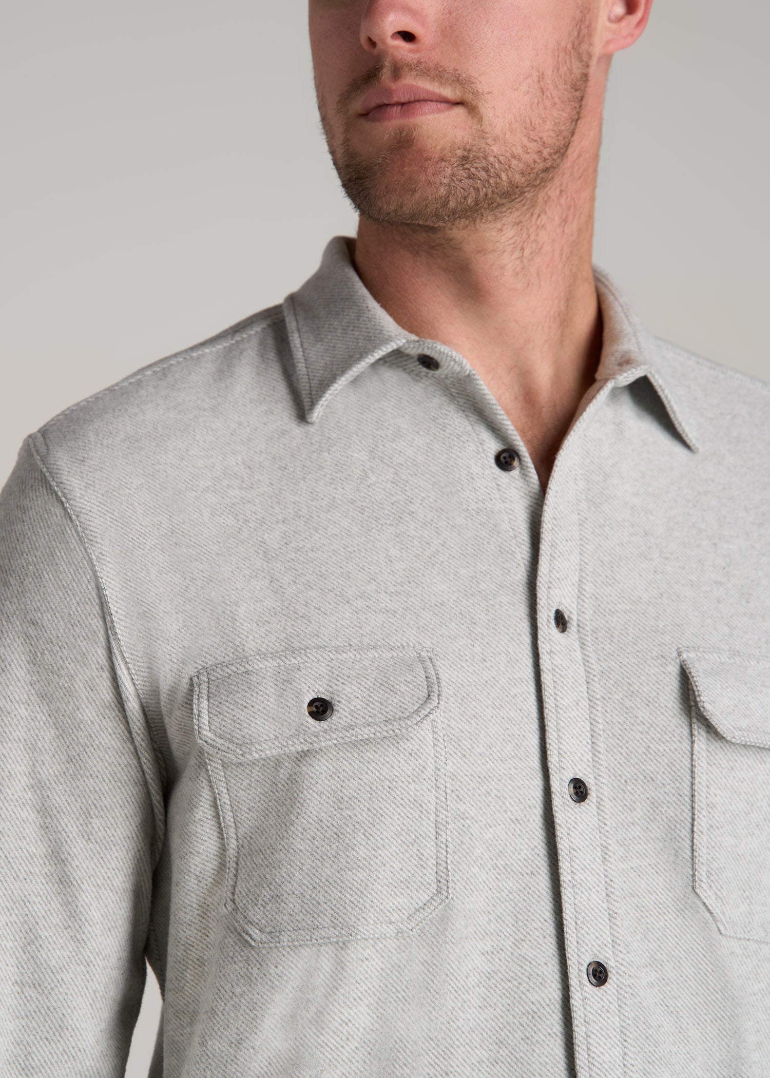 American-Tall-Men-Stretch-Flannel-Button-Shirt-Light-Grey-Mix-detail