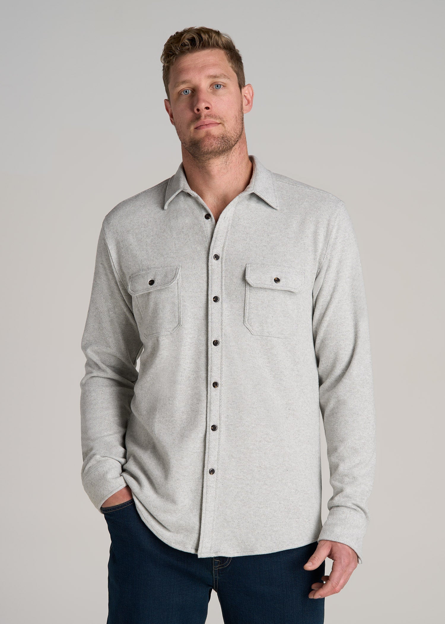 Stretch Flannel Button Shirt for Tall Men in Light Grey Mix