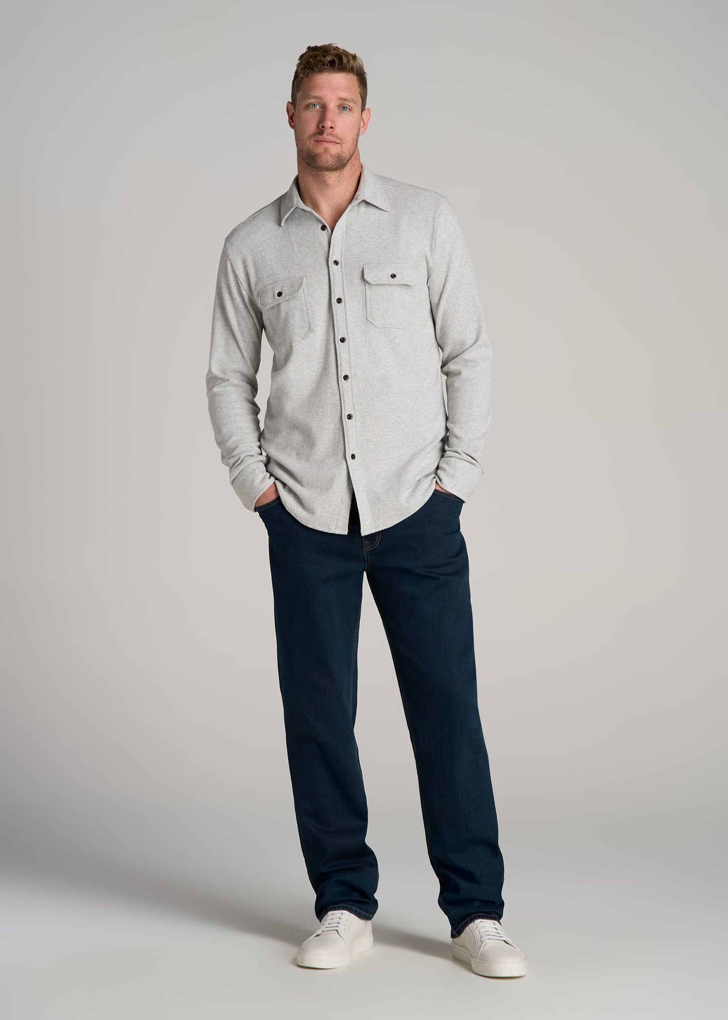 American-Tall-Men-Stretch-Flannel-Button-Shirt-Light-Grey-Mix-full