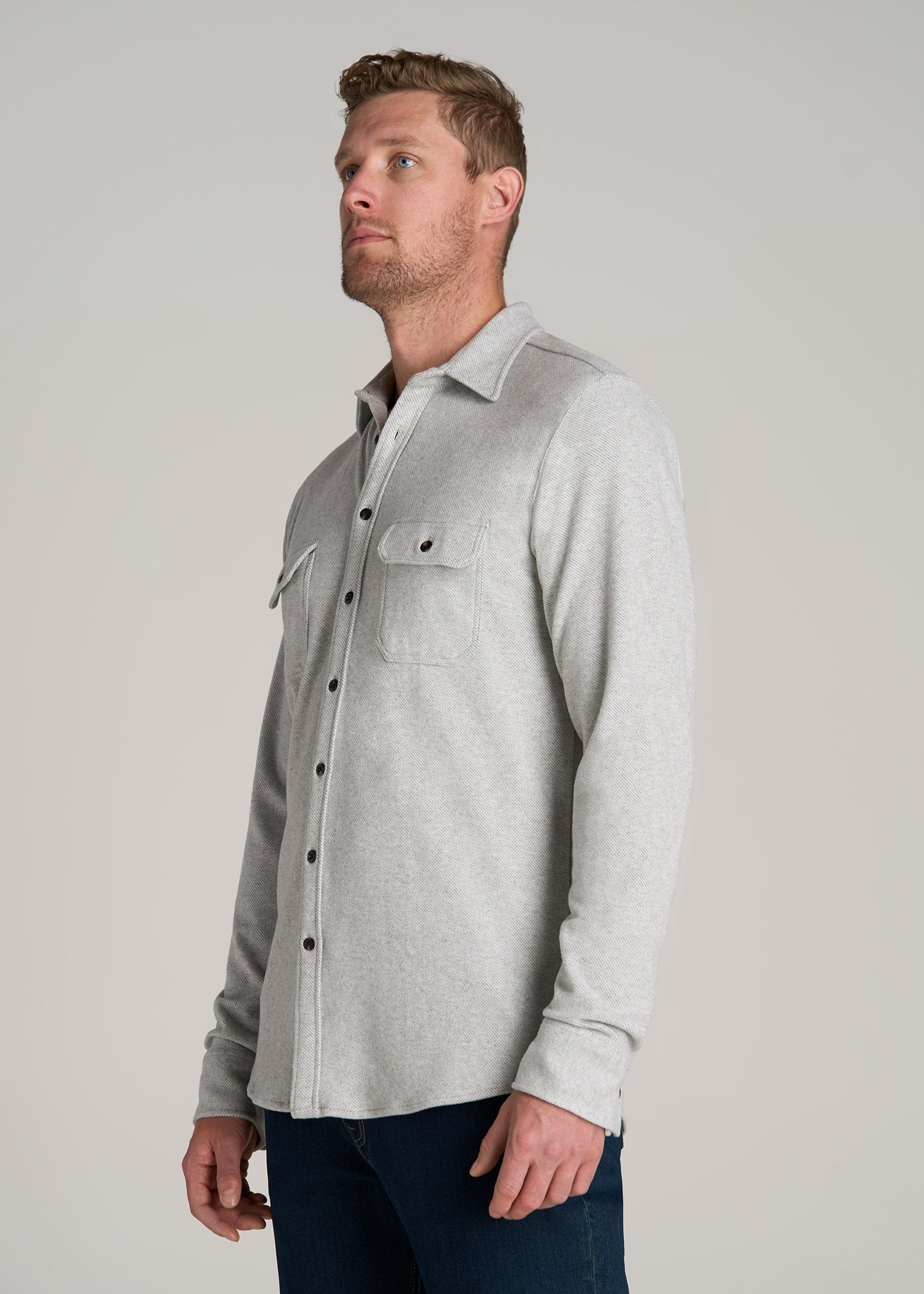 Stretch Flannel Button Shirt for Tall Men in Light Grey Mix