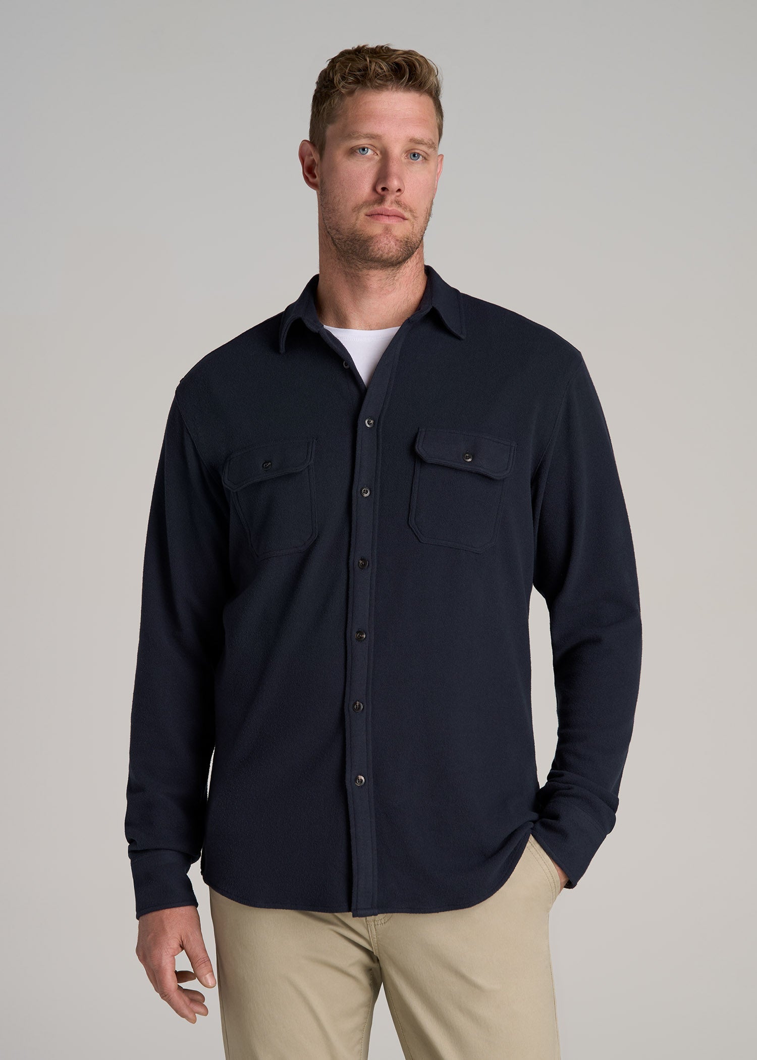 Stretch Flannel Button Shirt for Tall Men in True Navy