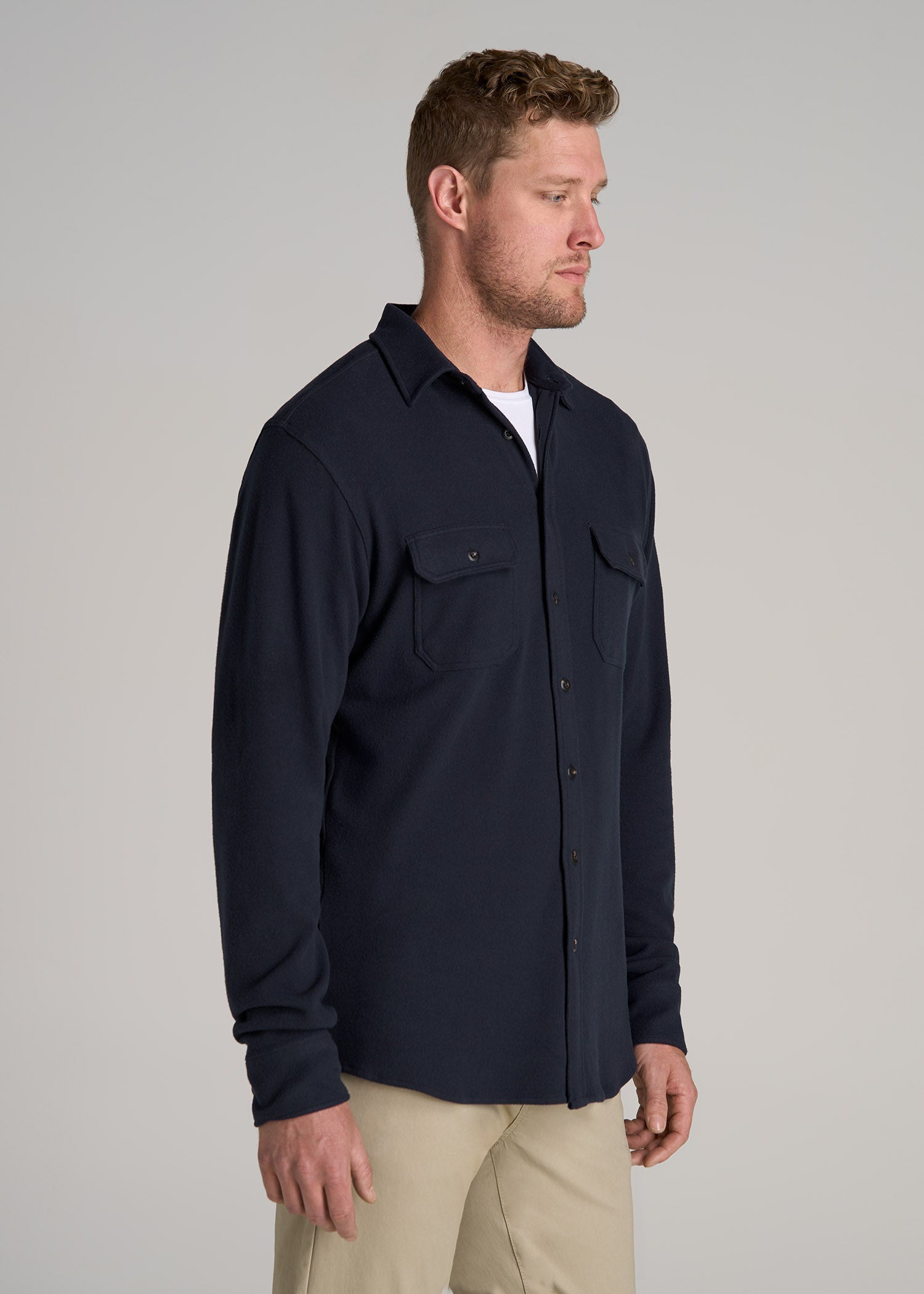 Stretch Flannel Button Shirt for Tall Men in True Navy
