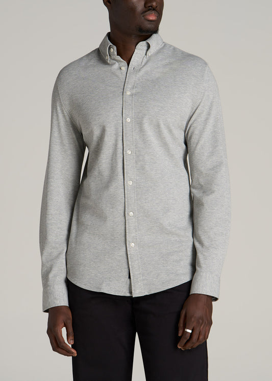 Stretch Knit Oxford Button Shirt for Tall Men in Ash Grey