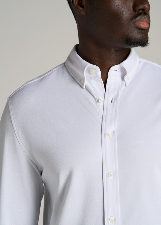 Stretch Knit Oxford Button Shirt for Tall Men in White