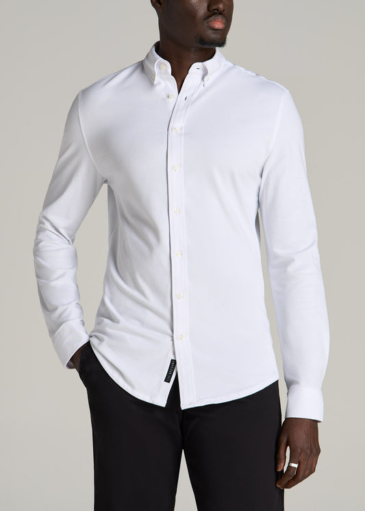 Stretch Knit Oxford Button Shirt for Tall Men in White