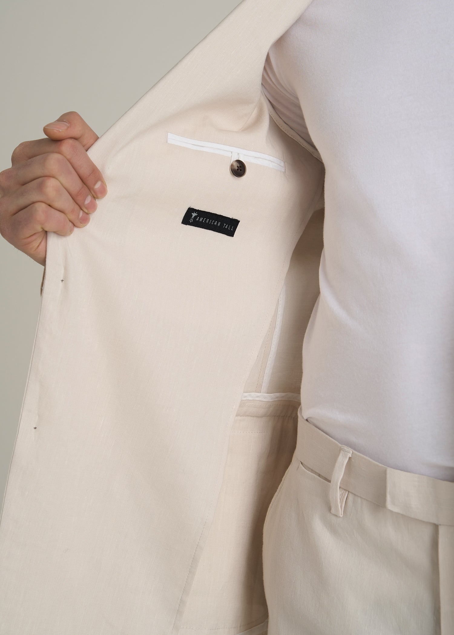 Stretch Linen Blazer for Tall Men in Light Beige Linen