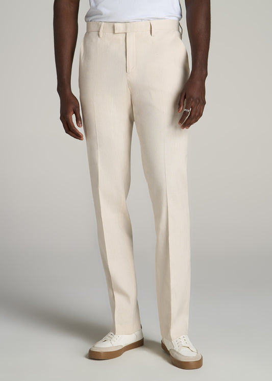 Stretch Linen Dress Pants for Tall Men in Light Beige Linen