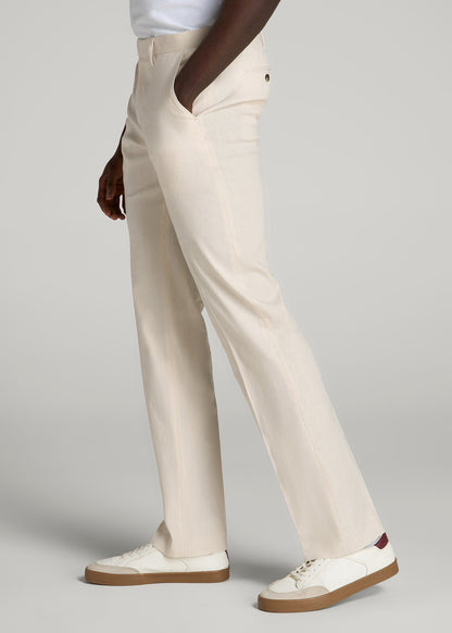 Stretch Linen Dress Pants for Tall Men in Light Beige Linen