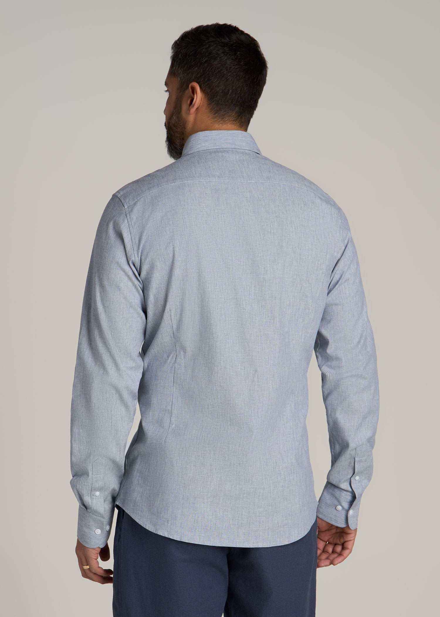 Stretch Linen Dress Shirt for Tall Men in Blue and White Pinstripe