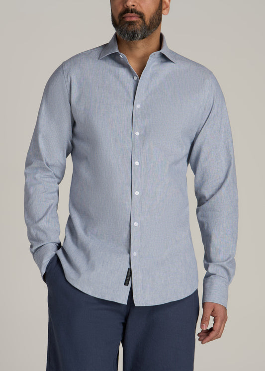 Stretch Linen Dress Shirt for Tall Men in Blue and White Pinstripe