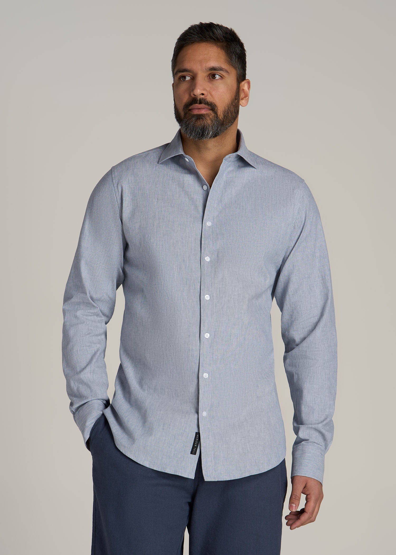 Stretch Linen Dress Shirt for Tall Men in Blue and White Pinstripe