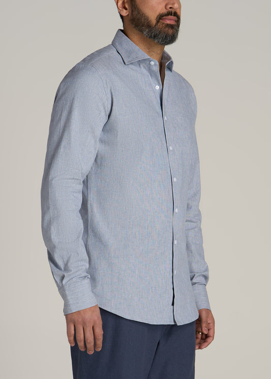 Stretch Linen Dress Shirt for Tall Men in Blue and White Pinstripe