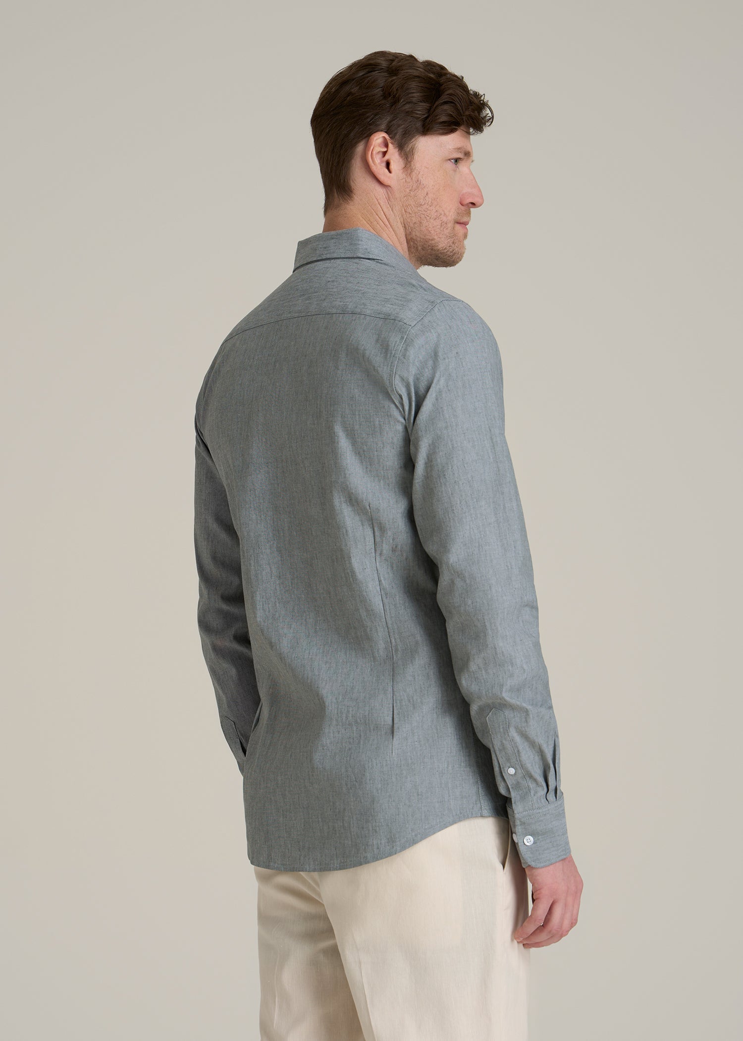 Stretch Linen Dress Shirt for Tall Men in Evergreen Mix