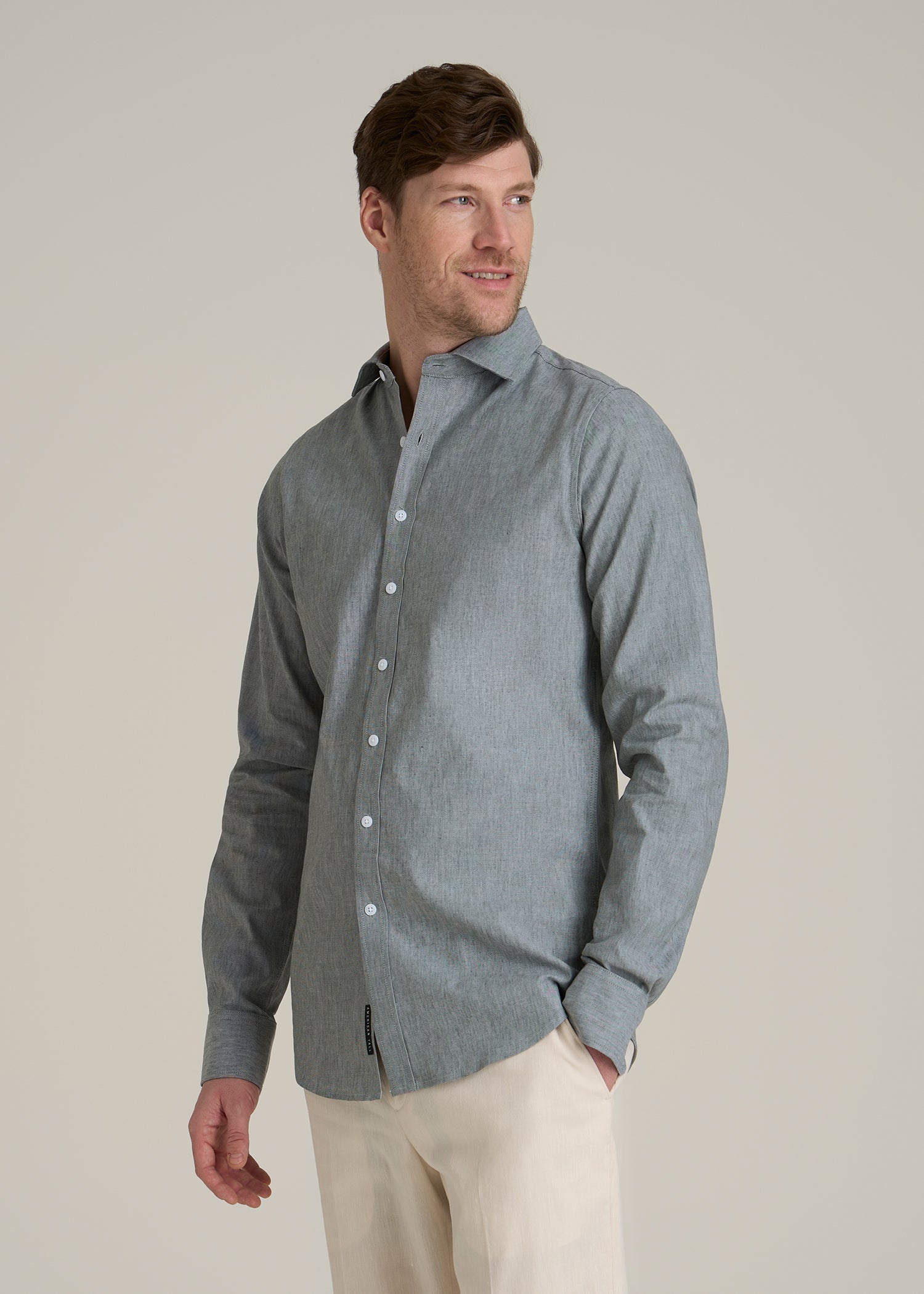 Stretch Linen Dress Shirt for Tall Men in Evergreen Mix
