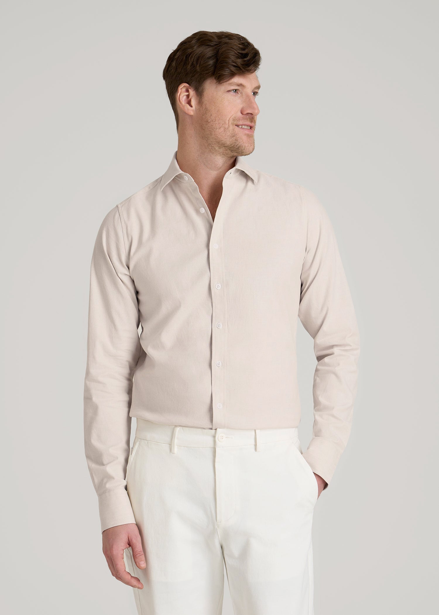 Stretch Linen Dress Shirt for Tall Men in Light Stone Mix