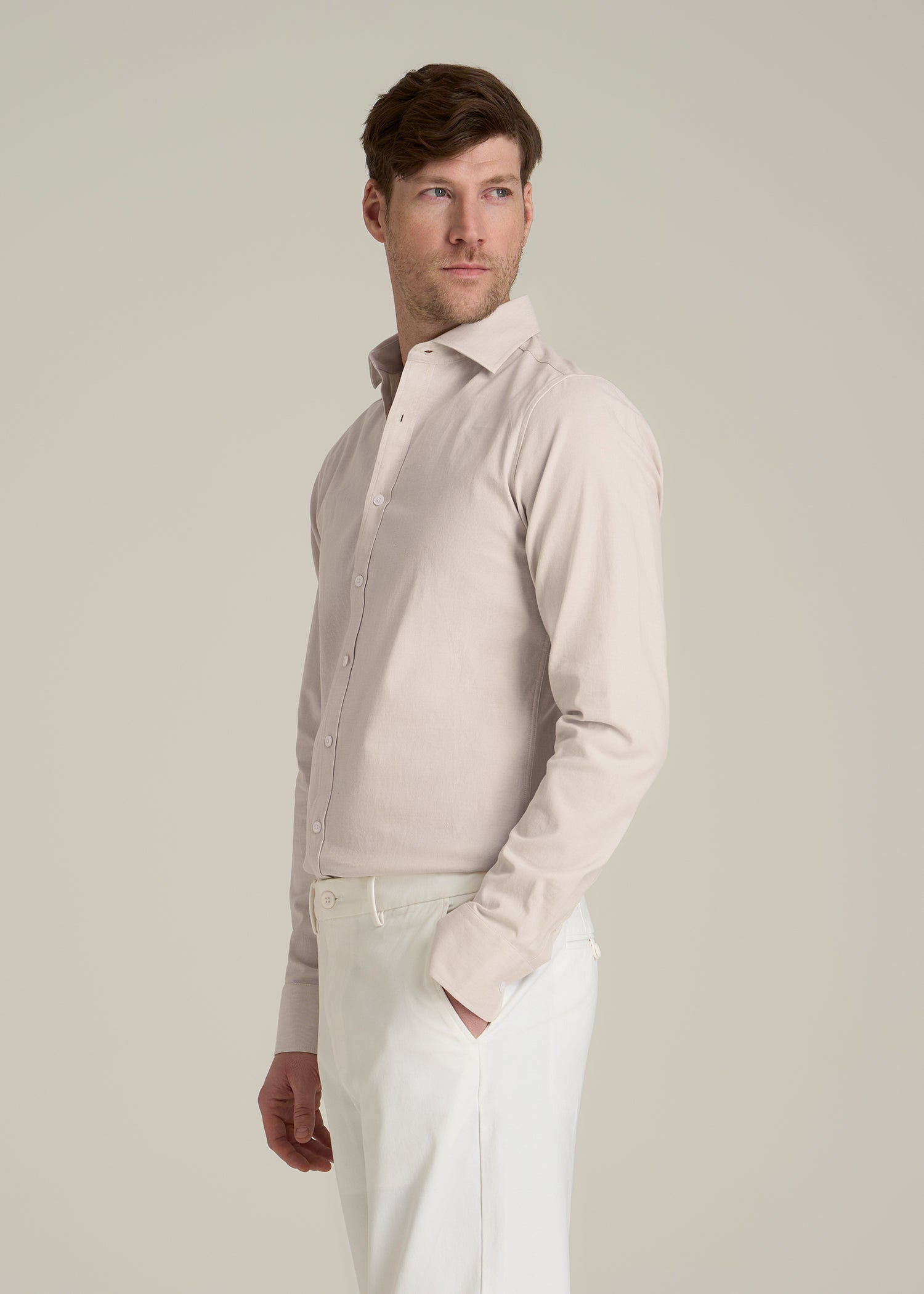 Stretch Linen Dress Shirt for Tall Men in Light Stone Mix